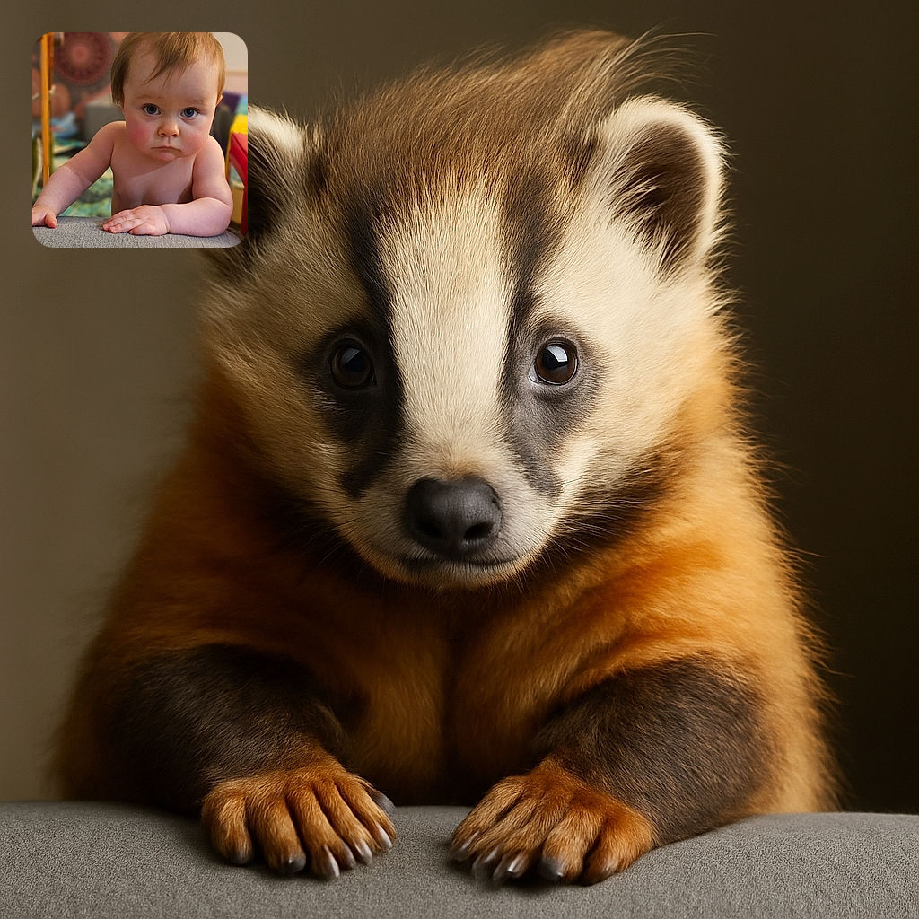 A serious-faced baby with big blue eyes leans on a textured gray surface, looking straight into the camera with a curious yet stern expression, surrounded by a cozy, softly blurred background.