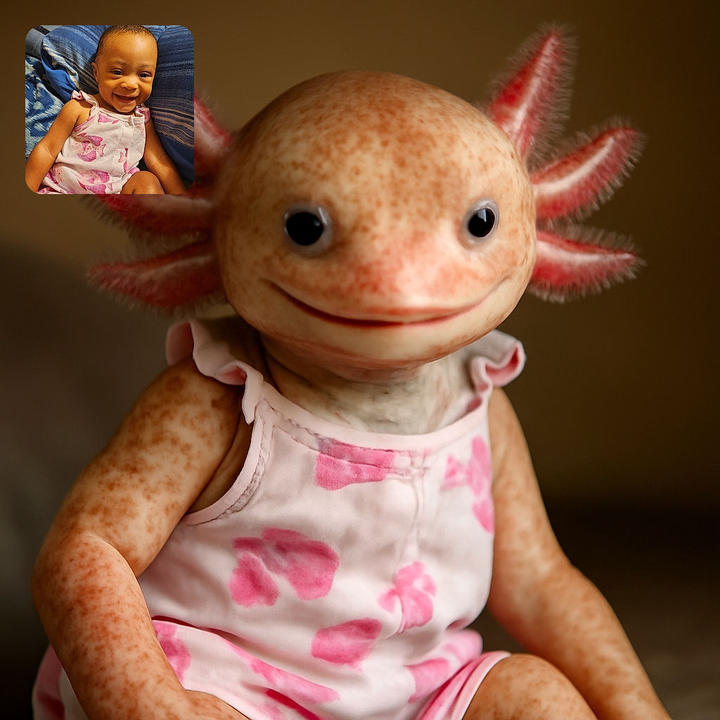 A joyful toddler with a radiant smile lounges comfortably against a backdrop of blue pillows, wearing a cute white outfit adorned with pink fish patterns, capturing a moment of pure happiness and innocence.