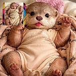 A cute baby lying on a soft blanket, wearing a beige onesie, looking curiously at the camera with tiny fists raised like a little champion.