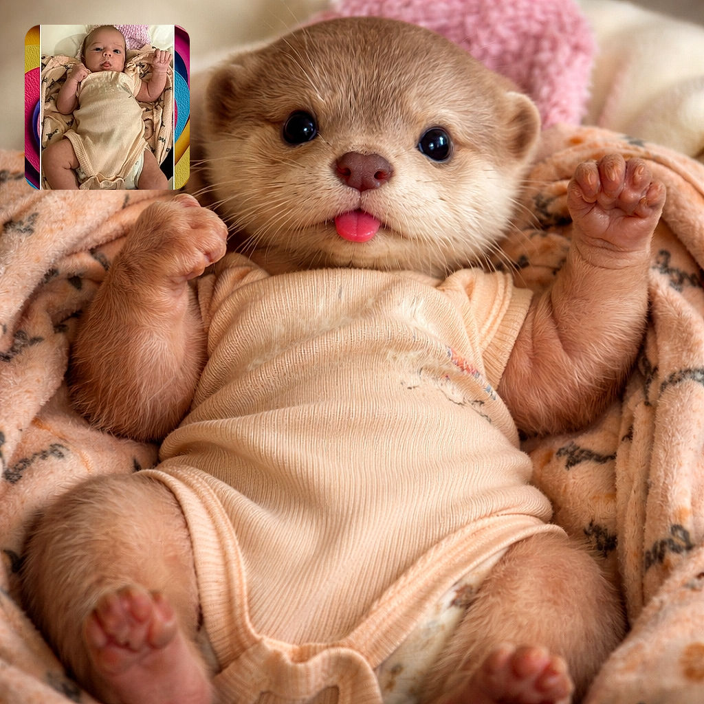 A cute baby lying on a soft blanket, wearing a beige onesie, looking curiously at the camera with tiny fists raised like a little champion.