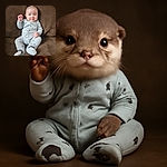 A chubby-cheeked baby in a cozy, penguin-patterned onesie sits comfortably on a brown couch, flashing a cute little smile and waving a tiny hand as if saying hello to the camera.