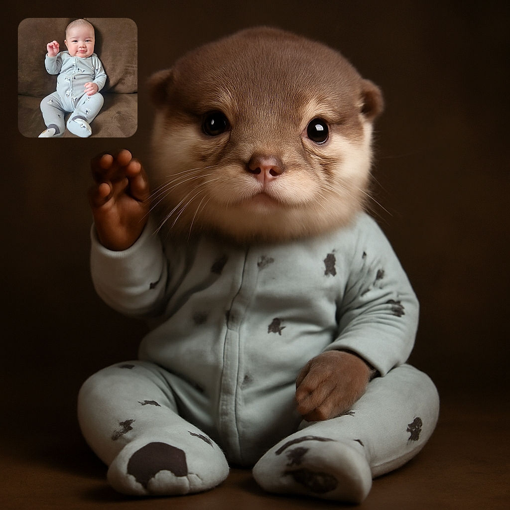 A chubby-cheeked baby in a cozy, penguin-patterned onesie sits comfortably on a brown couch, flashing a cute little smile and waving a tiny hand as if saying hello to the camera.