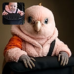 A cheerful baby with sparkling blue eyes and a tiny topknot is bundled up in a cozy pink jacket, peeking out from a black stroller labeled 'ORIGIN,' with a curious smile that could melt hearts.