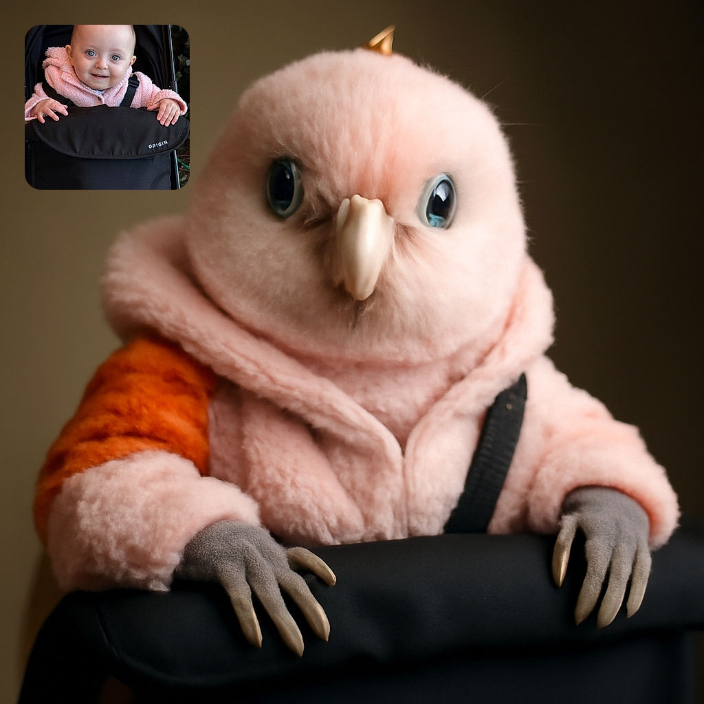 A cheerful baby with sparkling blue eyes and a tiny topknot is bundled up in a cozy pink jacket, peeking out from a black stroller labeled 'ORIGIN,' with a curious smile that could melt hearts.