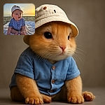 A chubby-cheeked baby in a cute bear-themed bucket hat and blue shirt sits on a patterned blanket at the beach during golden hour, gazing curiously off-camera with a slightly open mouth, while the sun sets softly in the background.