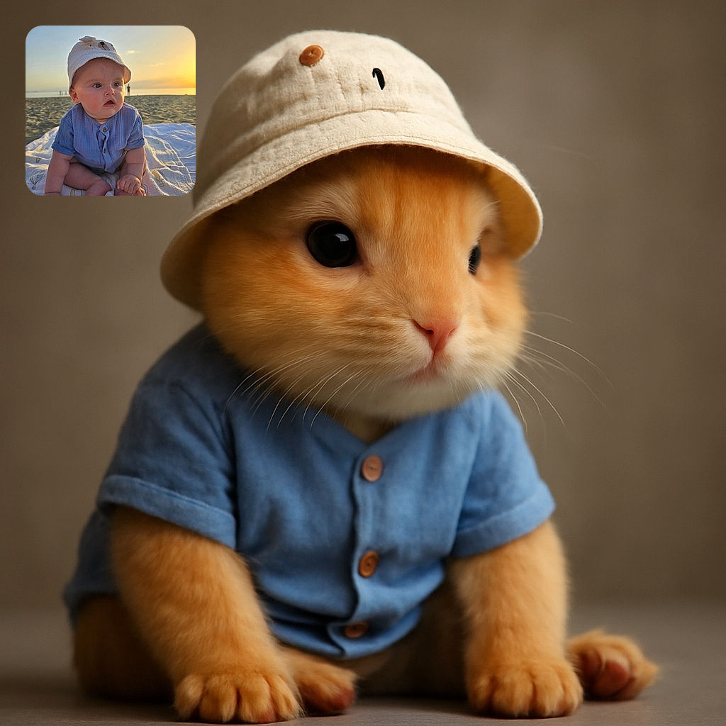 A chubby-cheeked baby in a cute bear-themed bucket hat and blue shirt sits on a patterned blanket at the beach during golden hour, gazing curiously off-camera with a slightly open mouth, while the sun sets softly in the background.