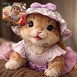 A curious baby girl wearing a floral hat with a big pink bow reaches towards the camera with wide eyes and a charming smile, held securely by an adult in a cozy indoor setting with a mix of furniture and people moving around in the background.