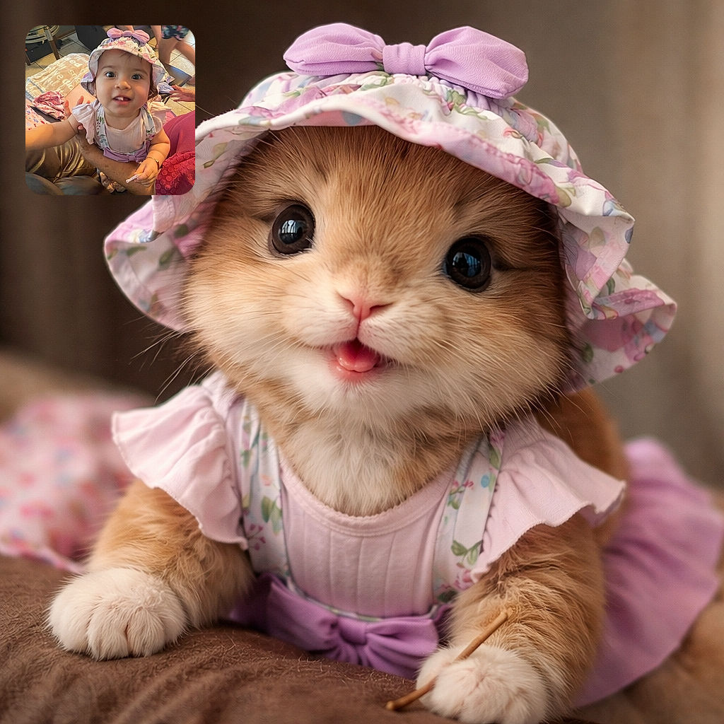 A curious baby girl wearing a floral hat with a big pink bow reaches towards the camera with wide eyes and a charming smile, held securely by an adult in a cozy indoor setting with a mix of furniture and people moving around in the background.