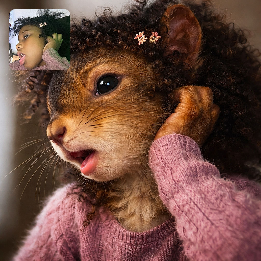 A candid close-up of a young child with curly hair, caught mid-expression with mouth slightly open and hand near the ear. The background shows a cluttered room with shelves and various items, giving a casual, everyday vibe.