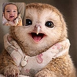 A joyful baby wrapped in a cozy, patterned blanket smiles widely, eyes sparkling with delight, captured in a warm close-up shot with soft lighting highlighting the adorable expression.