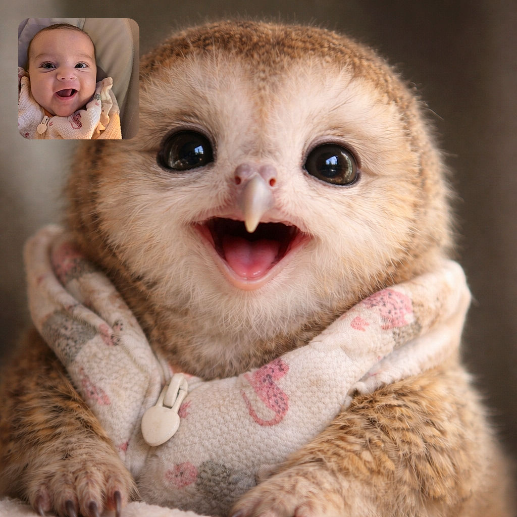 A joyful baby wrapped in a cozy, patterned blanket smiles widely, eyes sparkling with delight, captured in a warm close-up shot with soft lighting highlighting the adorable expression.