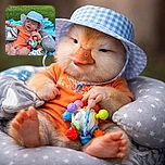 A chubby-cheeked baby wearing a blue checkered sunhat and an orange onesie is lounging comfortably in a gray star and zigzag patterned baby seat on a bright blue blanket outside on the grass. The baby is holding a colorful toy and appears to be mid-blink or relaxed with eyes closed. The background shows a brick wall and some outdoor items, while a tattooed arm is visible in the foreground.