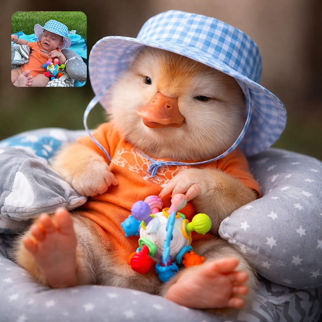 A chubby-cheeked baby wearing a blue checkered sunhat and an orange onesie is lounging comfortably in a gray star and zigzag patterned baby seat on a bright blue blanket outside on the grass. The baby is holding a colorful toy and appears to be mid-blink or relaxed with eyes closed. The background shows a brick wall and some outdoor items, while a tattooed arm is visible in the foreground.
