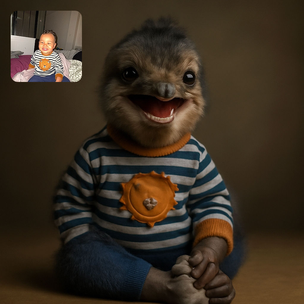 A smiling toddler wearing a striped shirt with a lion patch sits on a bed surrounded by blankets, holding a pacifier and looking off to the side with a joyful expression.