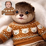 A wide-eyed baby in a cozy brown sweater adorned with cute teddy bear patterns lies on a soft white blanket, looking curiously at the camera with a hint of a smile, radiating warmth and innocence.