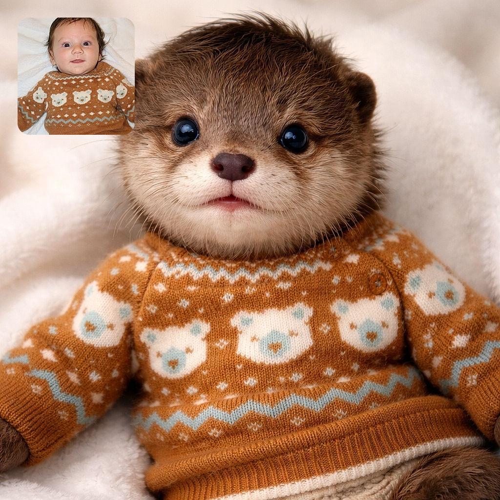 A wide-eyed baby in a cozy brown sweater adorned with cute teddy bear patterns lies on a soft white blanket, looking curiously at the camera with a hint of a smile, radiating warmth and innocence.