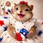 A joyful baby is beaming with a wide smile, dressed in a festive cream dress adorned with tiny decorations and holding two glittery red, white, and blue popsicles, all while nestled against a patriotic-themed fuzzy blanket.