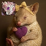 A peaceful newborn baby wrapped in a delicate lace dress and a big cream bow headband, sleeping soundly inside a heart-shaped wooden bowl surrounded by soft pink and purple flowers, clutching a fuzzy purple heart—pure cuteness wrapped in floral love.