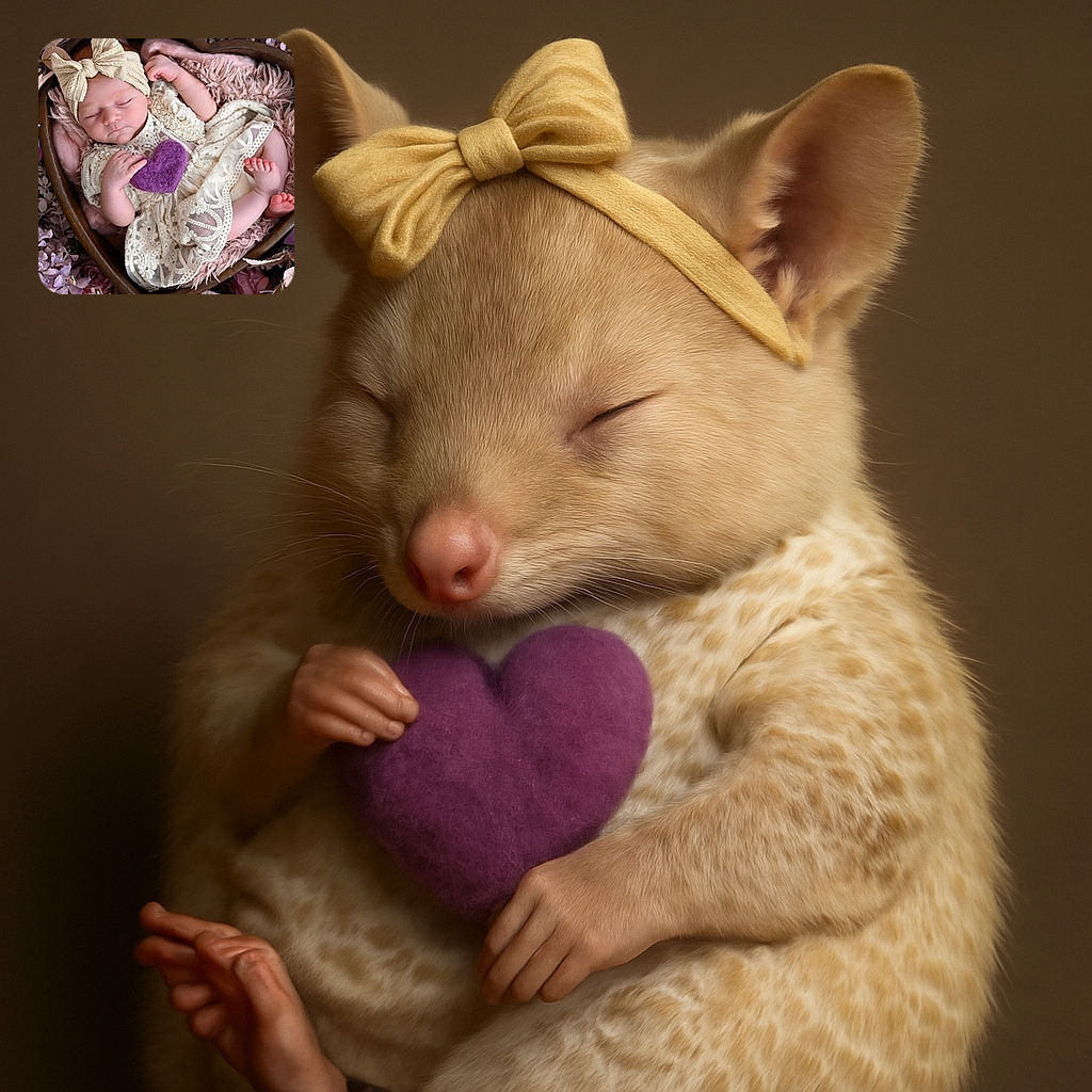 A peaceful newborn baby wrapped in a delicate lace dress and a big cream bow headband, sleeping soundly inside a heart-shaped wooden bowl surrounded by soft pink and purple flowers, clutching a fuzzy purple heart—pure cuteness wrapped in floral love.