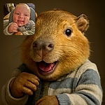 A cute baby is caught mid-motion with a slightly blurry, joyful expression, probably giggling or moving excitedly while being held on someone's lap in a cozy indoor setting.