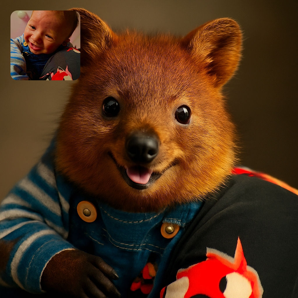 A close-up, joyful baby reaching out towards the camera with a big smile, wearing striped sleeves and denim overalls, with a colorful floral pattern visible on a nearby fabric.