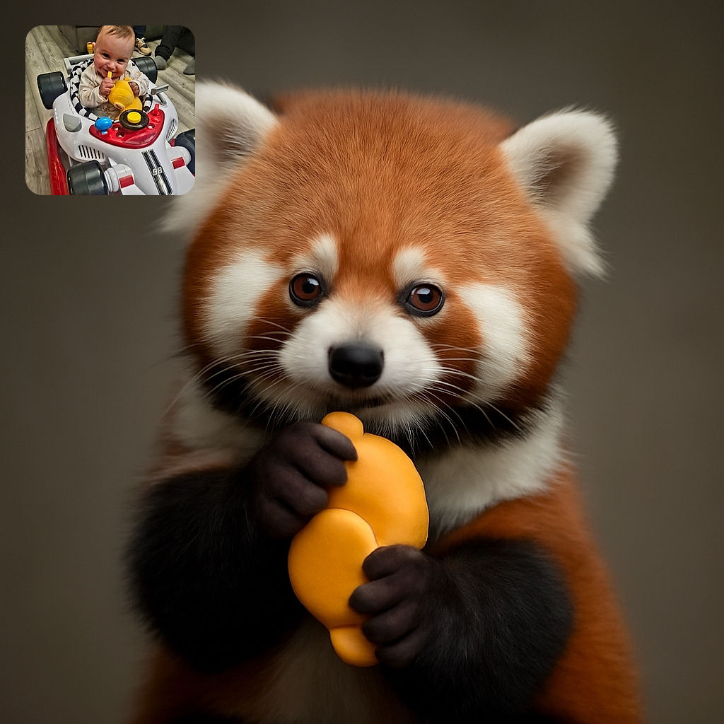 A cute baby with a mischievous smile is sitting in a toy race car, clutching a yellow plush toy and nibbling on a small snack, with a cozy living room background and adults' feet visible behind.