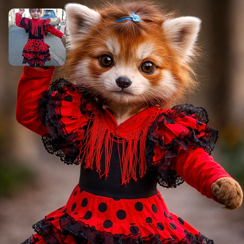 A cheerful little girl in a red polka-dot flamenco-style dress strikes a joyful pose on the sidewalk, looking straight at the camera with a shy grin and a tiny hair clip—like a miniature dancer who just claimed the street as her stage.