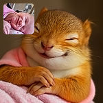 A close-up of a smiling baby wrapped in a pink blanket, peacefully resting with eyes closed, radiating pure joy and innocence in a cozy indoor setting.