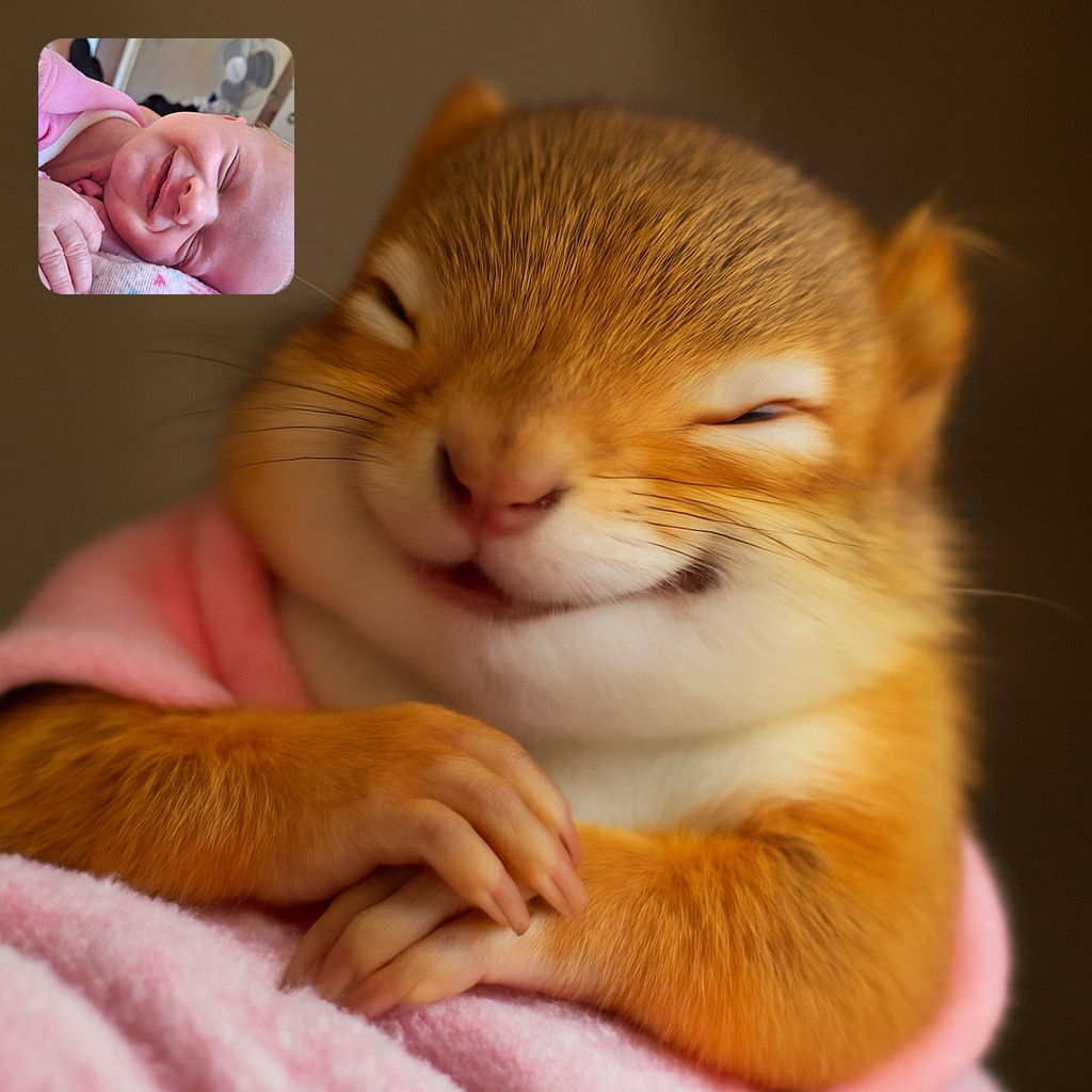 A close-up of a smiling baby wrapped in a pink blanket, peacefully resting with eyes closed, radiating pure joy and innocence in a cozy indoor setting.