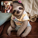 A cheerful baby sits like a tiny fashion icon on a brown couch, flashing a wide-eyed grin while rocking pink Minnie Mouse shoes, striped shorts, and a hairstyle decorated with bows. The expression says, “Yes, I absolutely planned this adorable photoshoot.”