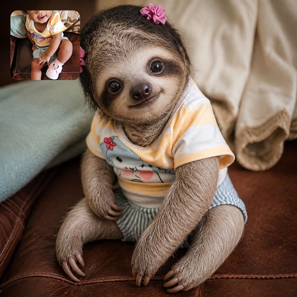 A cheerful baby sits like a tiny fashion icon on a brown couch, flashing a wide-eyed grin while rocking pink Minnie Mouse shoes, striped shorts, and a hairstyle decorated with bows. The expression says, “Yes, I absolutely planned this adorable photoshoot.”