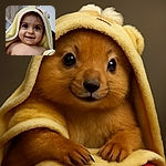 A cheerful baby wrapped in a soft yellow towel with a hood, smiling brightly with big, expressive eyes and long eyelashes, radiating pure joy and innocence.