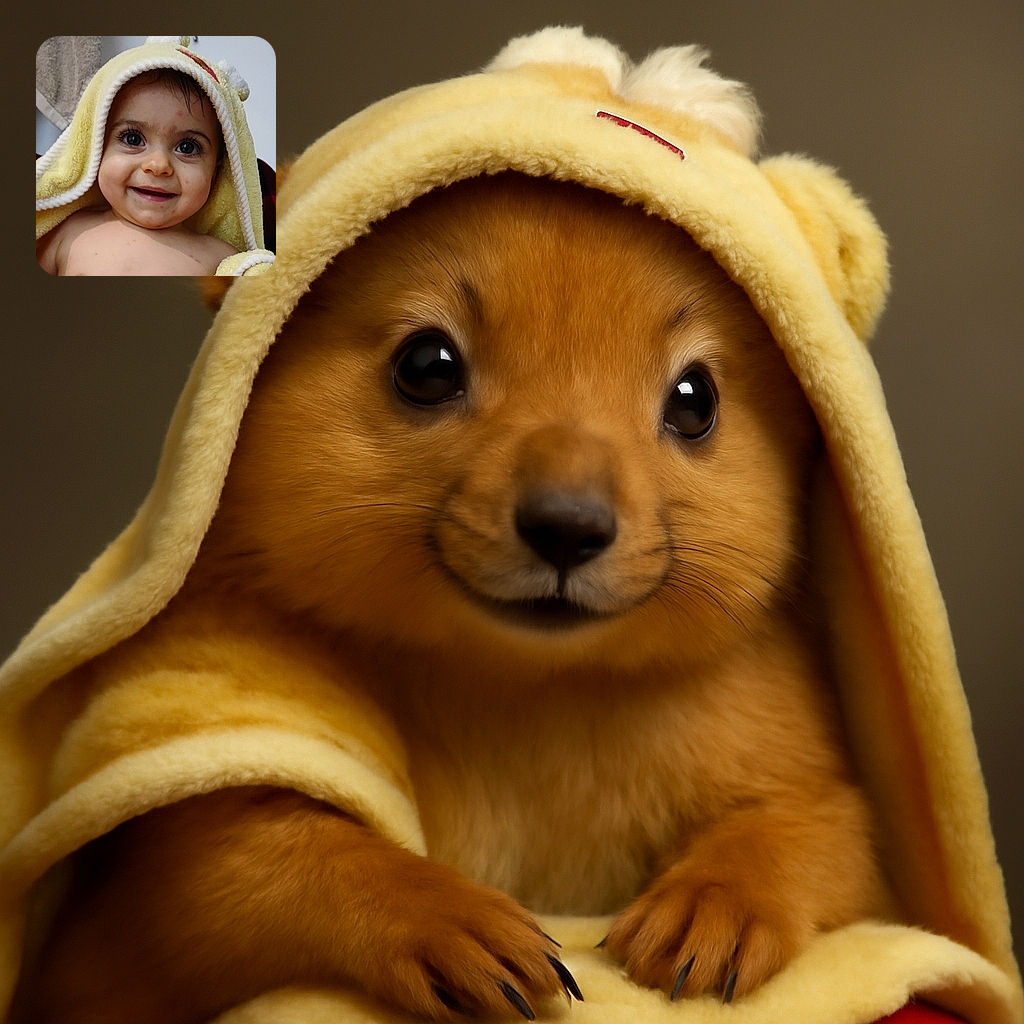 A cheerful baby wrapped in a soft yellow towel with a hood, smiling brightly with big, expressive eyes and long eyelashes, radiating pure joy and innocence.