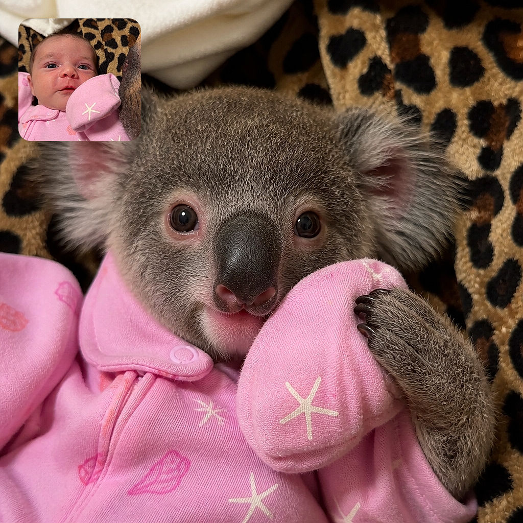 A wide-eyed newborn gazes at the camera while cozied up in a pink star-patterned onesie, with a fluffy white blanket and leopard-print backdrop nearby. A furry companion seems to be photobombing from the side like a very serious security guard.