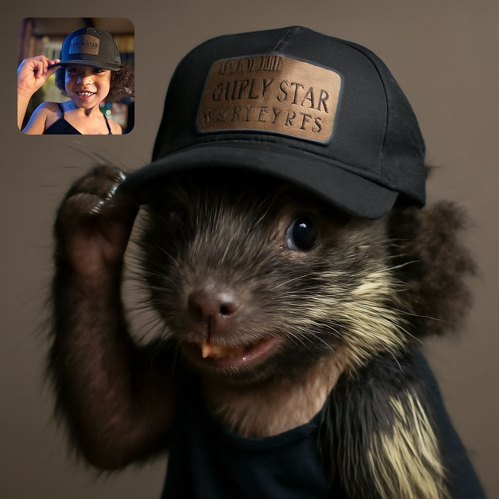 A joyful child with curly hair is playfully tipping a black cap with a 'Lone Star Heating and Air' patch, flashing a bright smile with a missing front tooth, captured in warm indoor lighting with a soft focus background.
