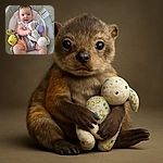 A happy baby comfortably seated in a cushioned baby chair, clutching colorful plush toys with a curious and joyful expression, surrounded by soft pastel and neutral tones.