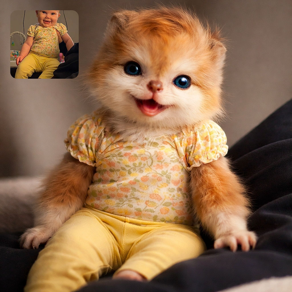 A cheerful baby with bright eyes and a big smile sits comfortably wearing a floral top and yellow pants, held securely by an adult in a cozy indoor setting with a baby play gym in the background.