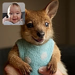 A chubby-cheeked baby with a joyful smile is being gently held up by a hand, wearing a soft bib and surrounded by a cozy indoor setting with neutral walls and a couch in the background.