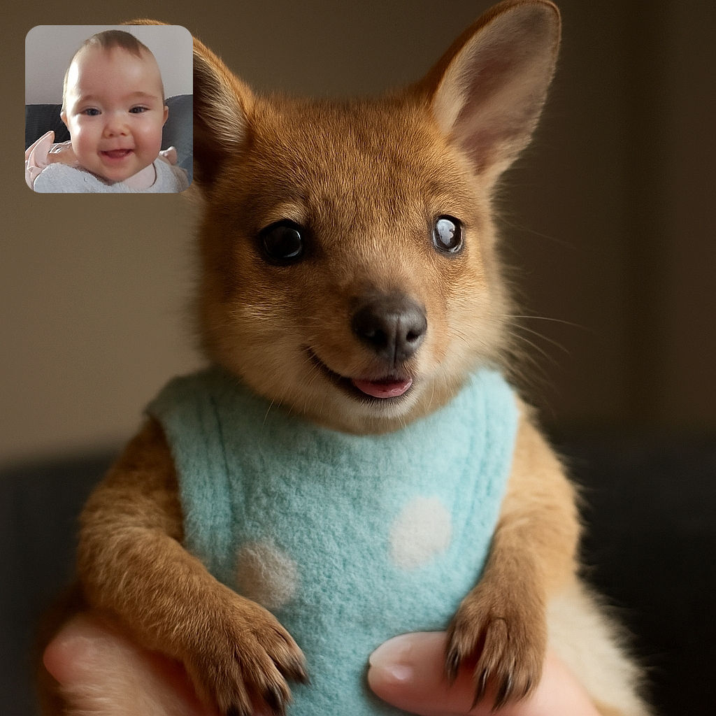 A chubby-cheeked baby with a joyful smile is being gently held up by a hand, wearing a soft bib and surrounded by a cozy indoor setting with neutral walls and a couch in the background.