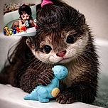 A charming toddler with wet hair is playing attentively with colorful toy dinosaurs lined up on the edge of a bathtub, while a can of vanilla Coca-Cola sits nearby, creating a playful and cozy bath time scene.
