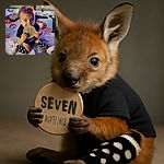 A cute baby sitting on a colorful animal-themed play mat, holding and nibbling on a round wooden milestone marker that reads 'seven months'. The baby is dressed in a black outfit with polka-dotted leg warmers, under a decorated Christmas tree with lights glowing softly in the background.
