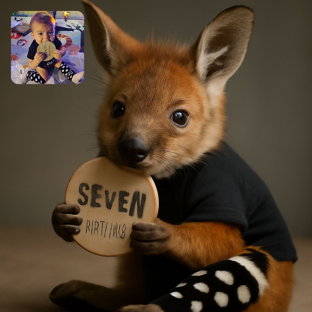 A cute baby sitting on a colorful animal-themed play mat, holding and nibbling on a round wooden milestone marker that reads 'seven months'. The baby is dressed in a black outfit with polka-dotted leg warmers, under a decorated Christmas tree with lights glowing softly in the background.