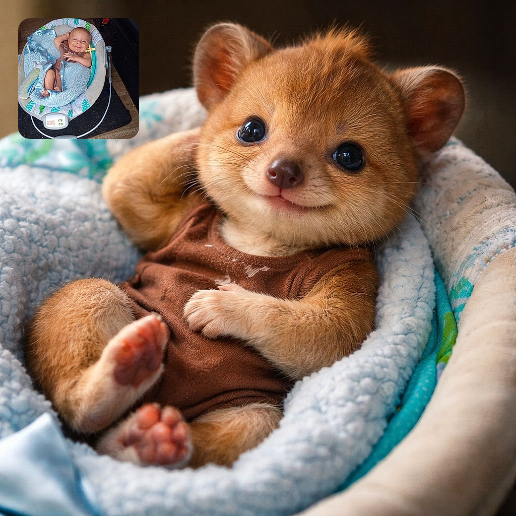 A smiling baby comfortably nestled in a cozy blue blanket inside a baby rocker, with a bottle resting nearby on a wooden floor, radiating pure cuteness and contentment.