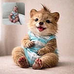 A joyful baby with a quirky mohawk hairstyle is sitting comfortably on a plush white armchair, flashing a wide, infectious smile that lights up the cozy, minimalist room.
