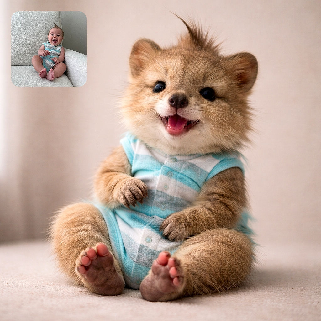 A joyful baby with a quirky mohawk hairstyle is sitting comfortably on a plush white armchair, flashing a wide, infectious smile that lights up the cozy, minimalist room.