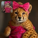 A cute baby wearing a bright pink and orange outfit with a large pink bow headband, sitting comfortably on a soft surface, looking curiously at the camera with big eyes.