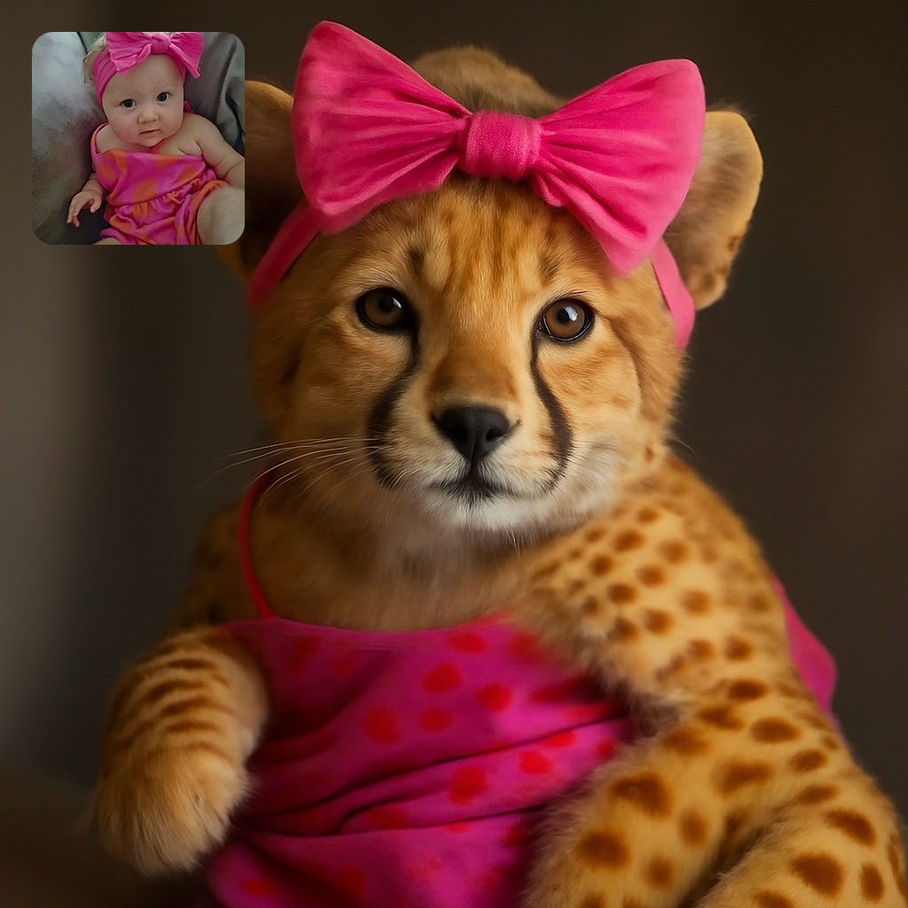 A cute baby wearing a bright pink and orange outfit with a large pink bow headband, sitting comfortably on a soft surface, looking curiously at the camera with big eyes.