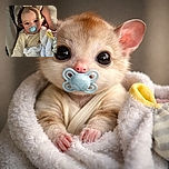A wide-eyed baby with a blue pacifier is cozily nestled in a cushioned seat, wrapped in a fluffy white blanket, with soft sunlight casting a warm shadow across their forehead.