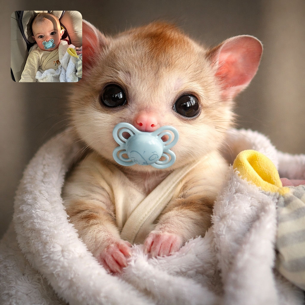 A wide-eyed baby with a blue pacifier is cozily nestled in a cushioned seat, wrapped in a fluffy white blanket, with soft sunlight casting a warm shadow across their forehead.