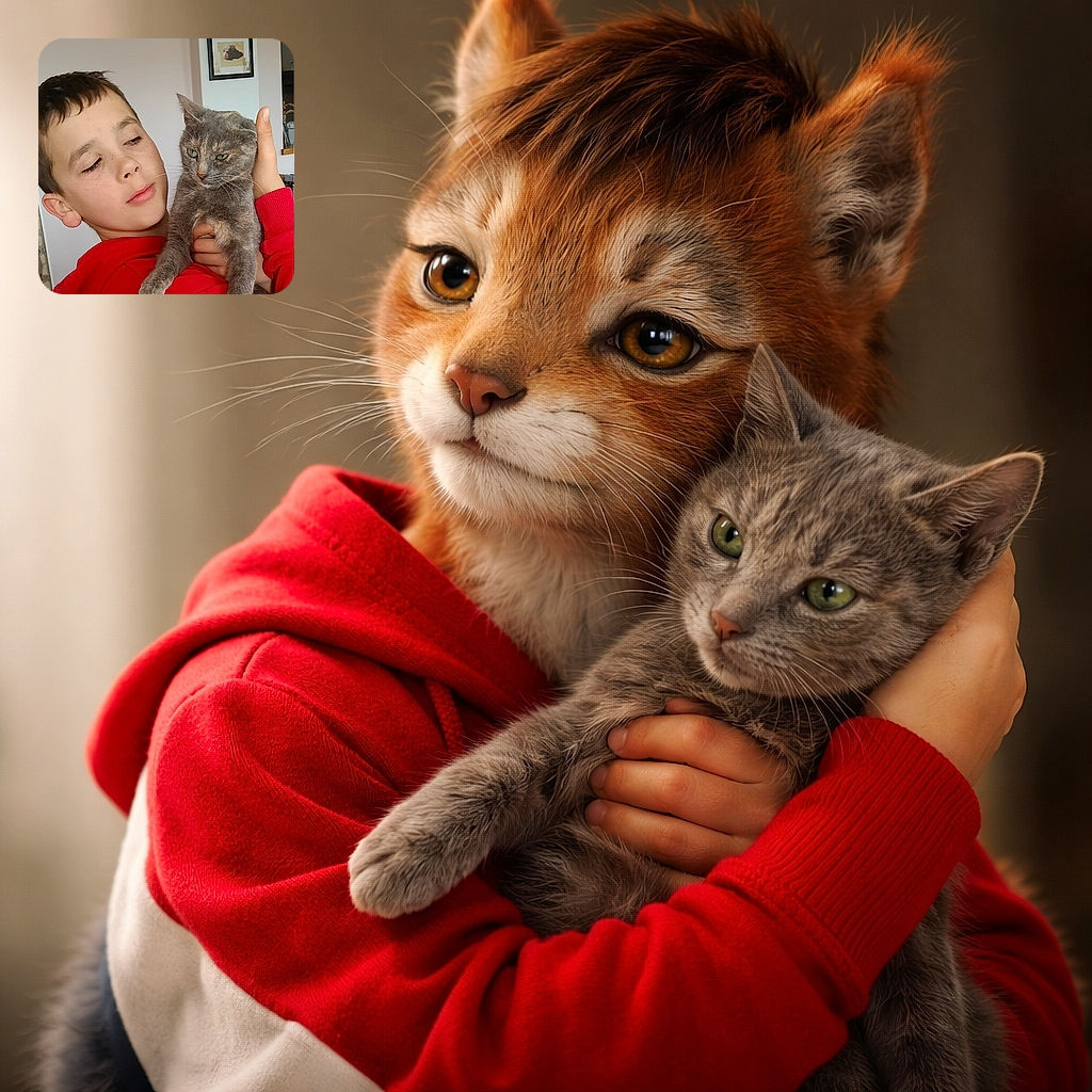 A red-hooded kid holds a slightly unimpressed gray cat like a VIP guest at a family photoshoot while a bright teal browser bar crashes the scene from above — domestic chaos meets smartphone screenshot aesthetics.